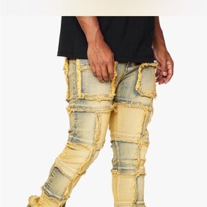 Men's Distressed Patchwork Jeans in Yellow